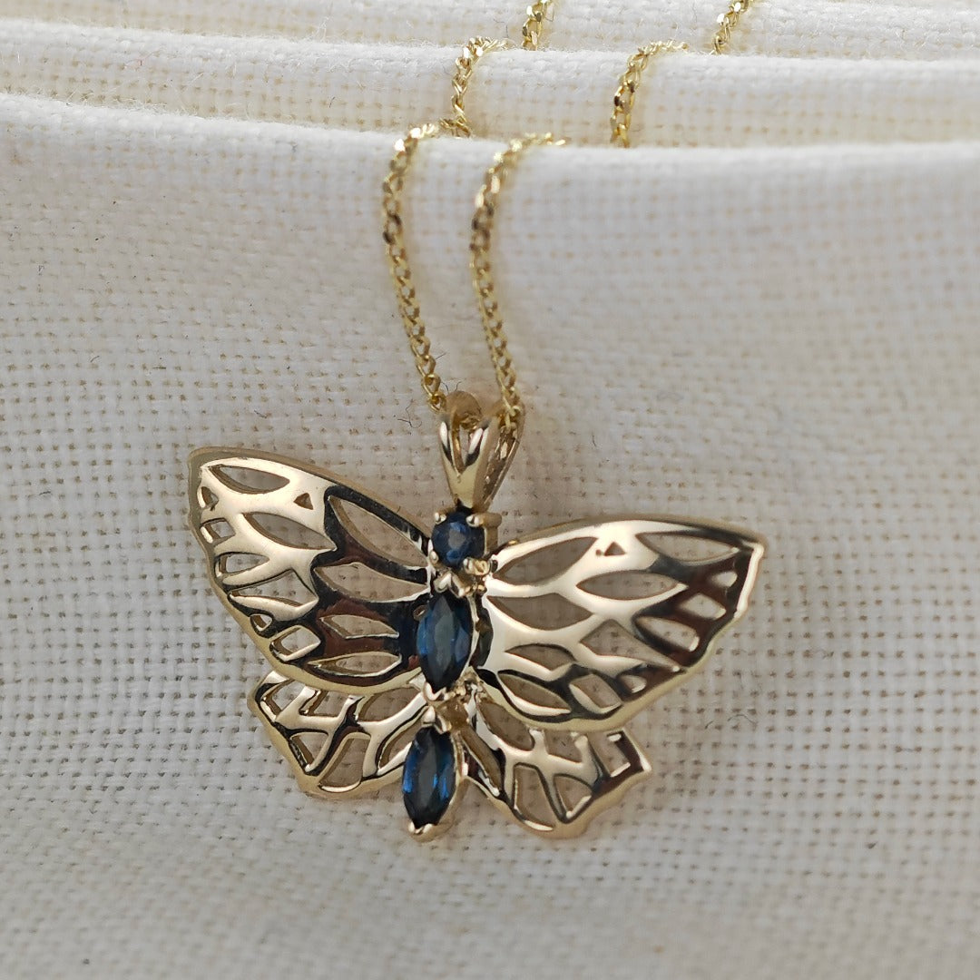 9ct Butterfly Necklace Yellow Gold London Blue Topaz Treated Hallmarked UK Design Handmade