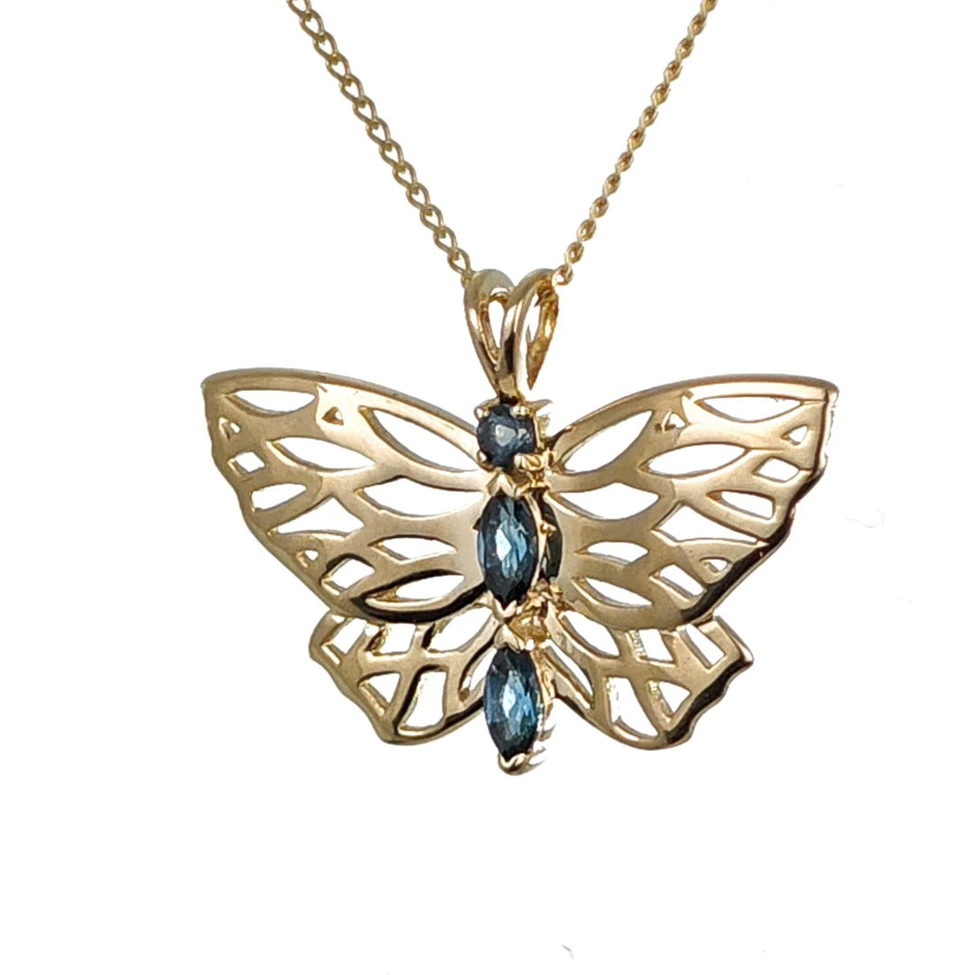 9ct Butterfly Necklace Yellow Gold London Blue Topaz Treated Hallmarked UK Design Handmade