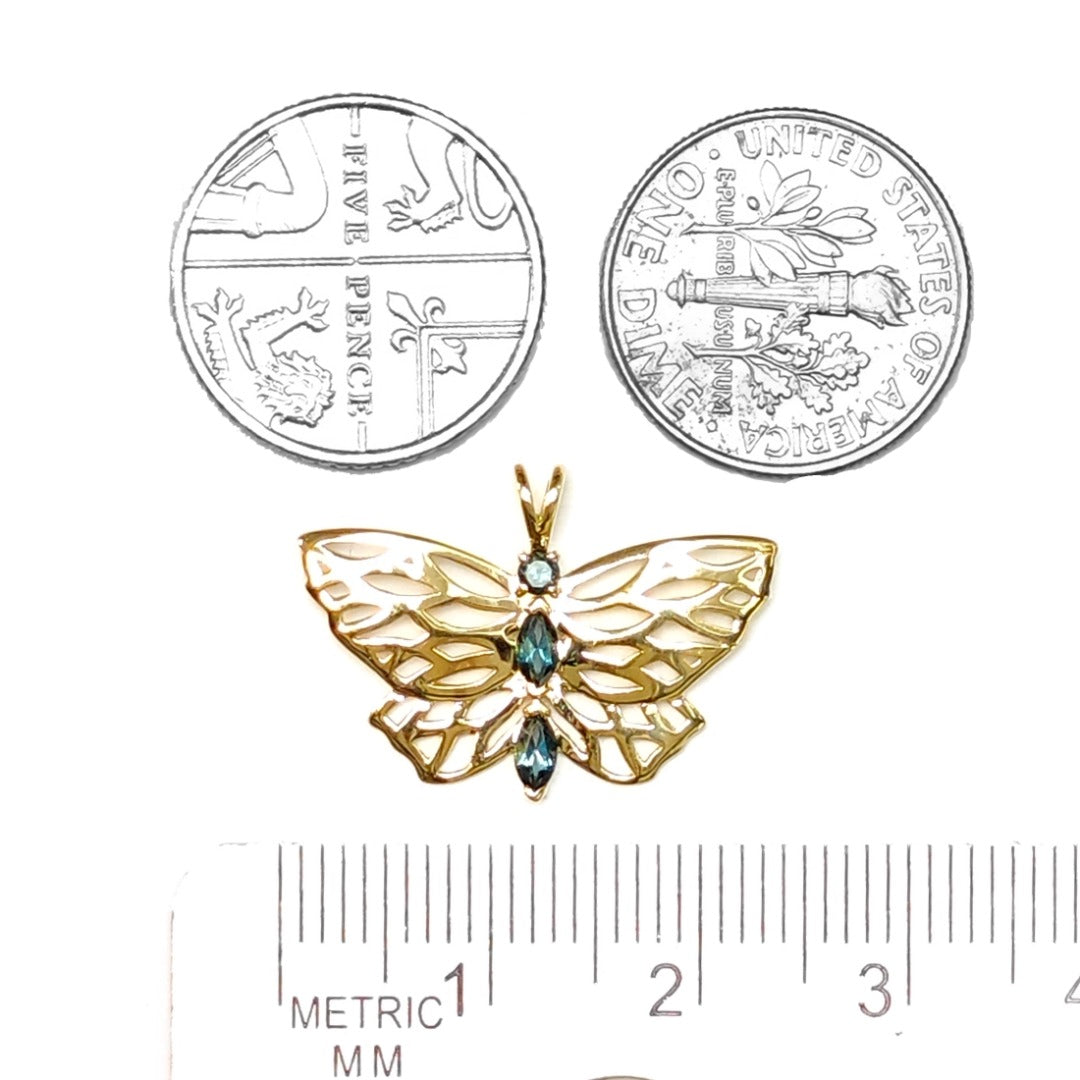 9ct Butterfly Necklace Yellow Gold London Blue Topaz Treated Hallmarked UK Design Handmade
