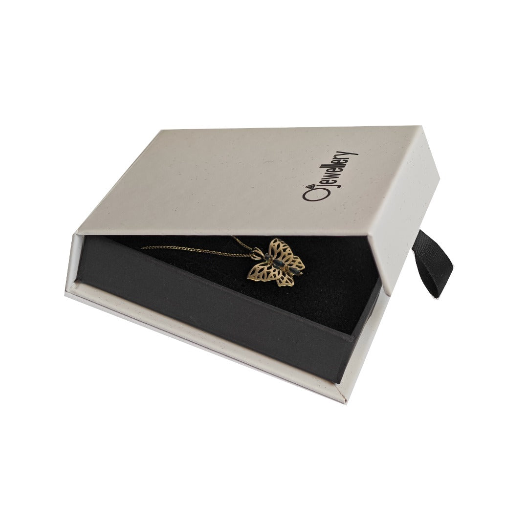 9ct Butterfly Necklace Yellow Gold London Blue Topaz Treated Hallmarked UK Design Handmade