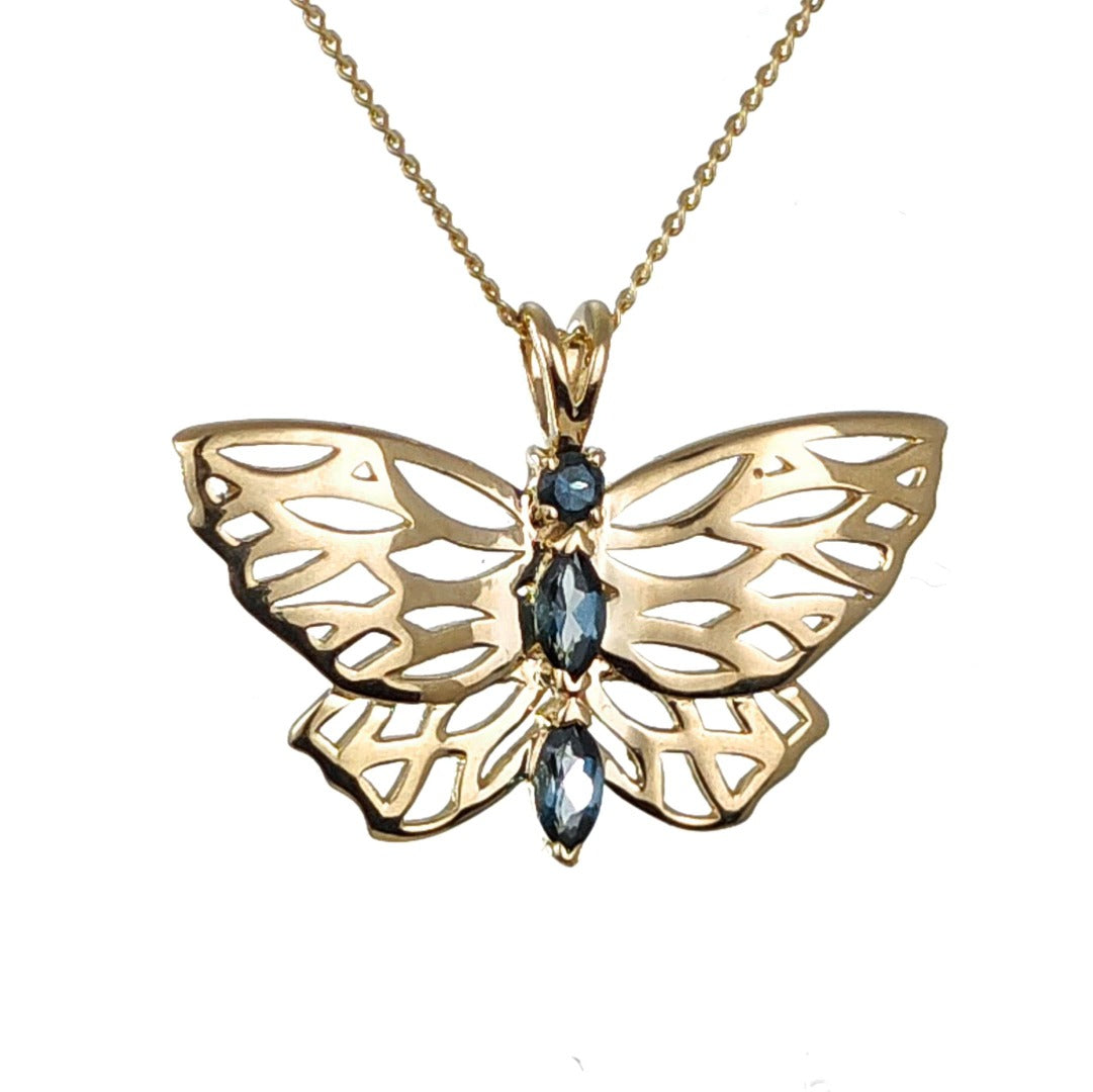 9ct Butterfly Necklace Yellow Gold London Blue Topaz Treated Hallmarked UK Design Handmade