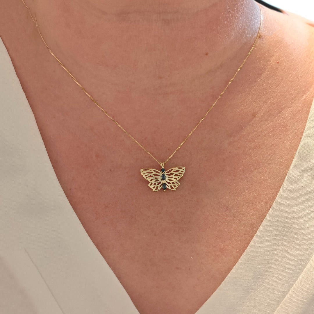 9ct Butterfly Necklace Yellow Gold London Blue Topaz Treated Hallmarked UK Design Handmade