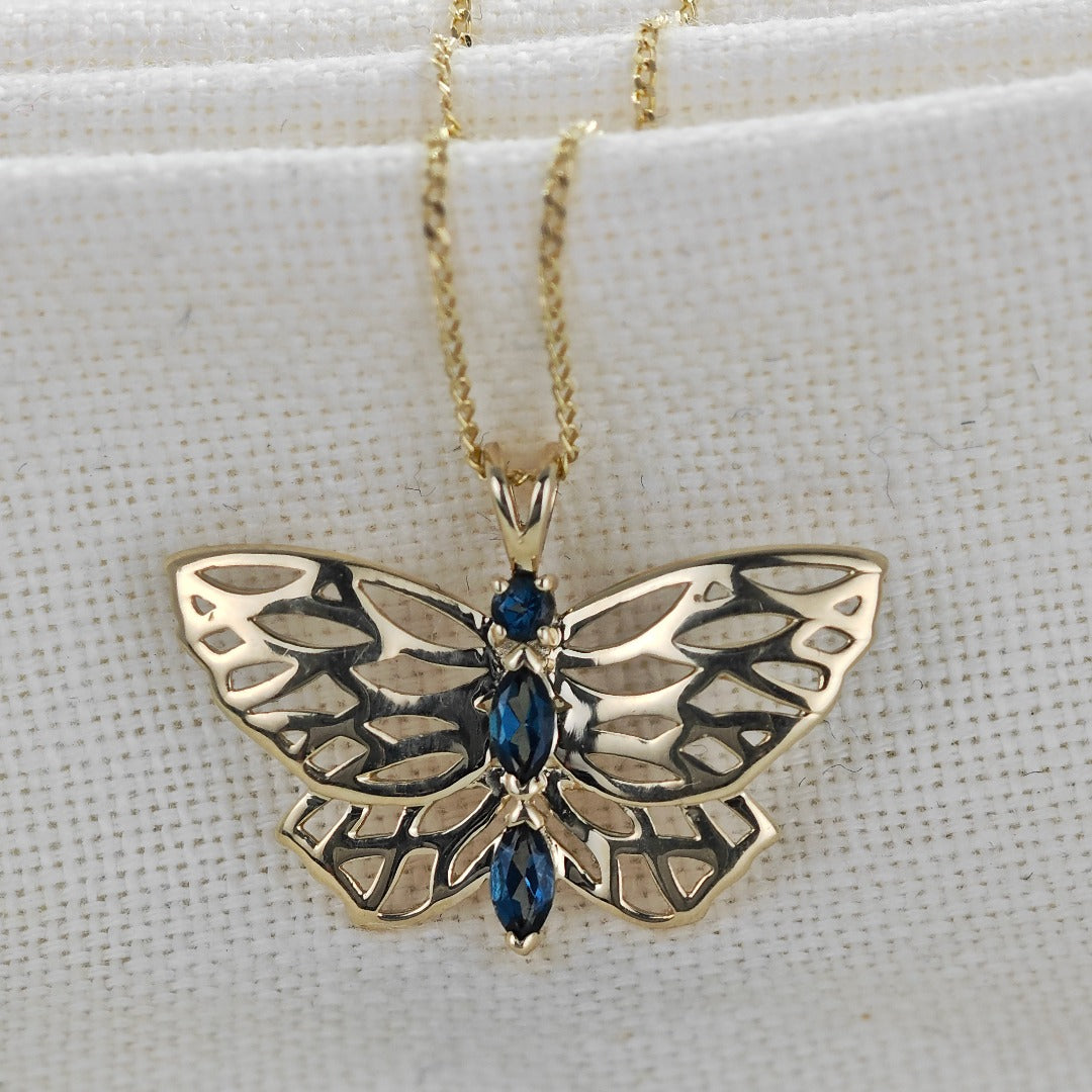 9ct Butterfly Necklace Yellow Gold London Blue Topaz Treated Hallmarked UK Design Handmade