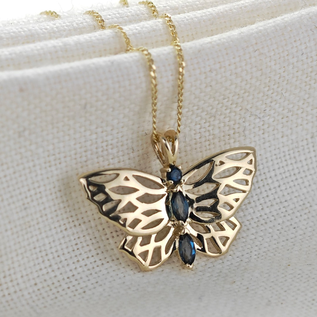9ct Butterfly Necklace Yellow Gold London Blue Topaz Treated Hallmarked UK Design Handmade