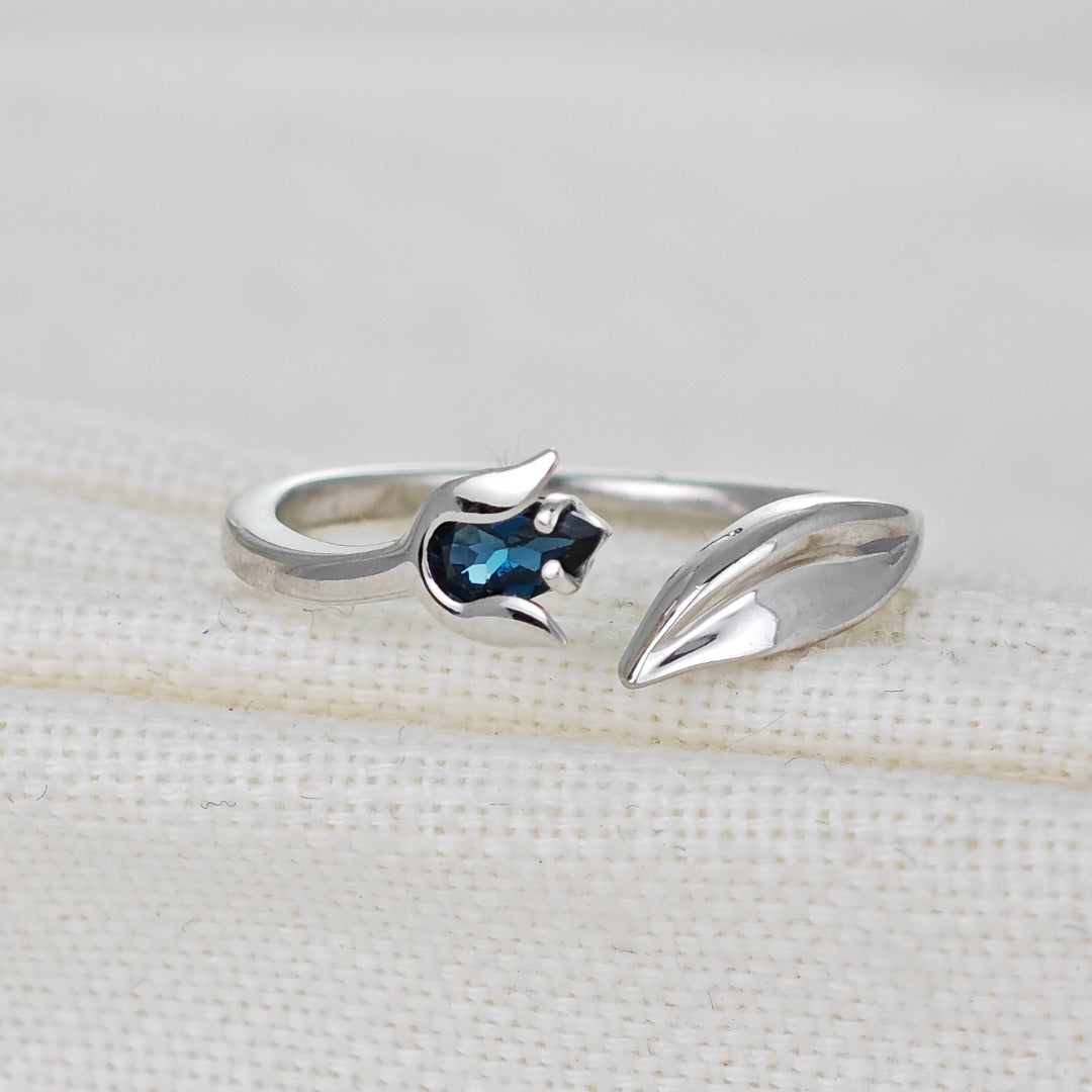 Topaz Tulip Ring Sterling Silver Adjustable London Blue Gemstone