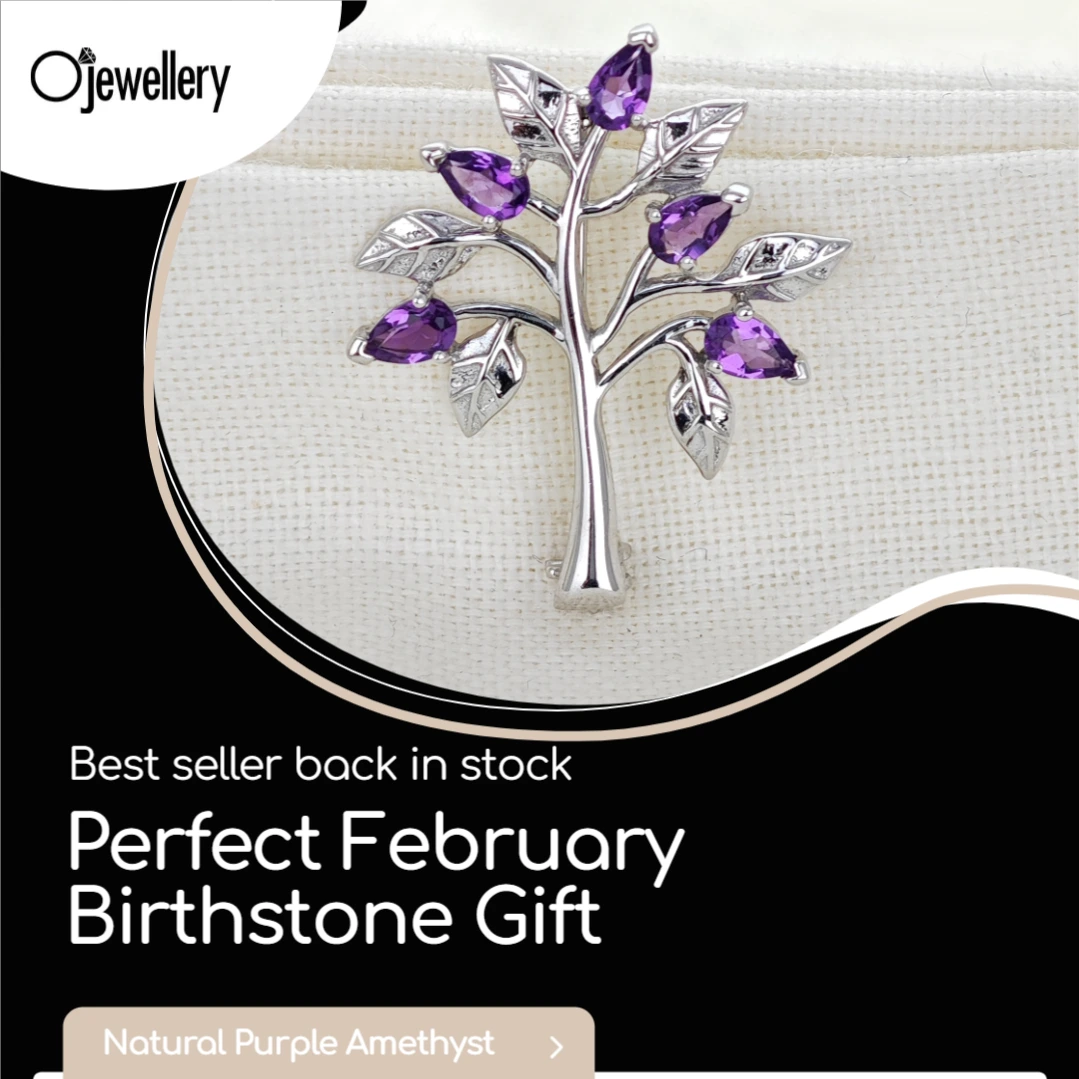 Amethyst tree of life brooch with text perfect February birthstone gift