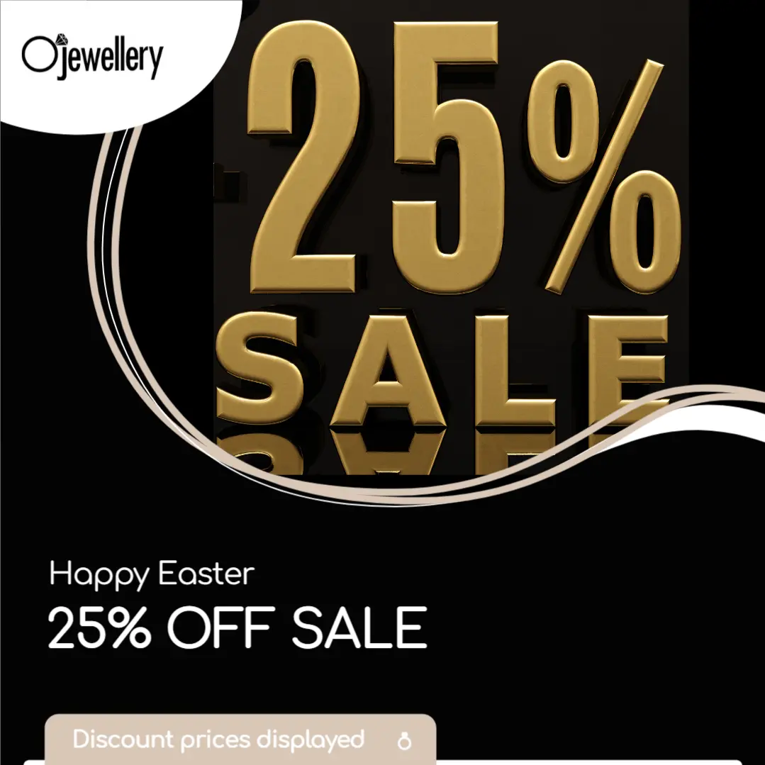 25% off sale image with additional text Happy Easter and Ojewellery logo