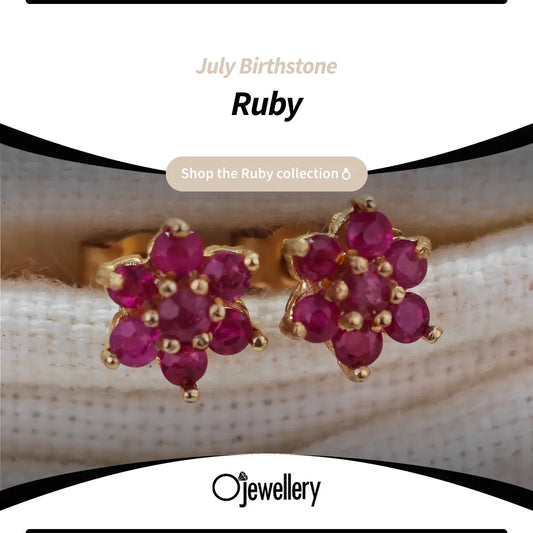 Ruby flower earrings set in frame with words July Birthstone Ruby and Ojewellery logo