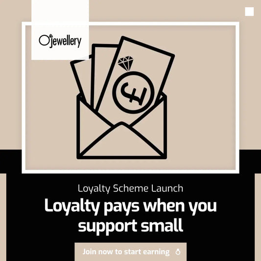 Ojewellery Loyalty scheme logo with text loyalty pays when you support small