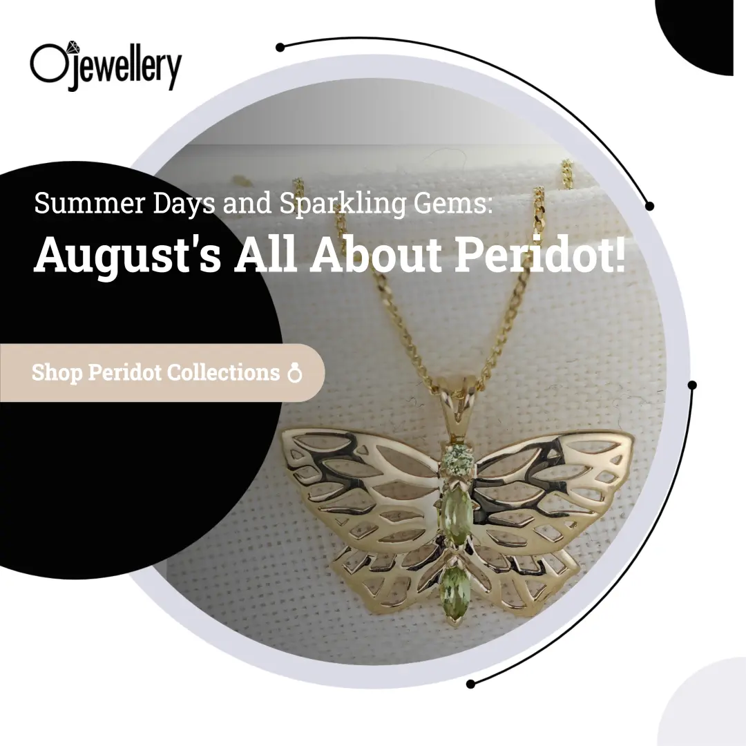 Image of gold butterfly set with peridot with text overlaying it saying August's all about peridot