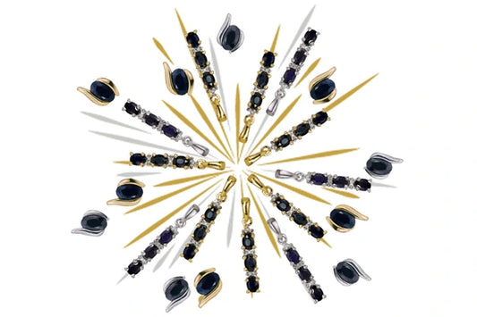 Natural Australian Sapphire earrings and pendants arranged as a firework