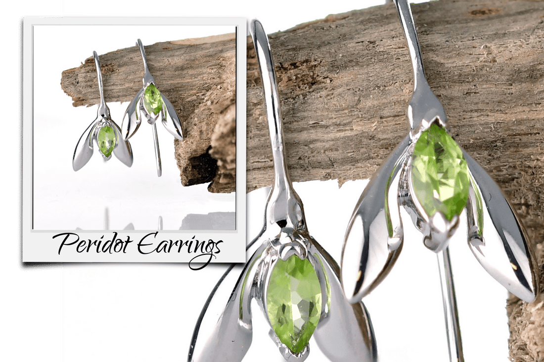 Peridot snowdrop dangle sterling silver earrings hanging off branch in instant print photo frame with text Peridot Earrings backdrop same peridot earrings