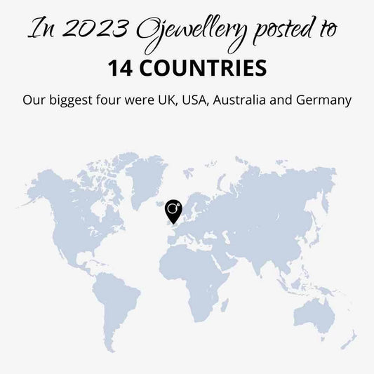 World map with wording in 2023 Ojewellery posted to 14 countries.  Our biggest four were UK, USA, Australia and Germany