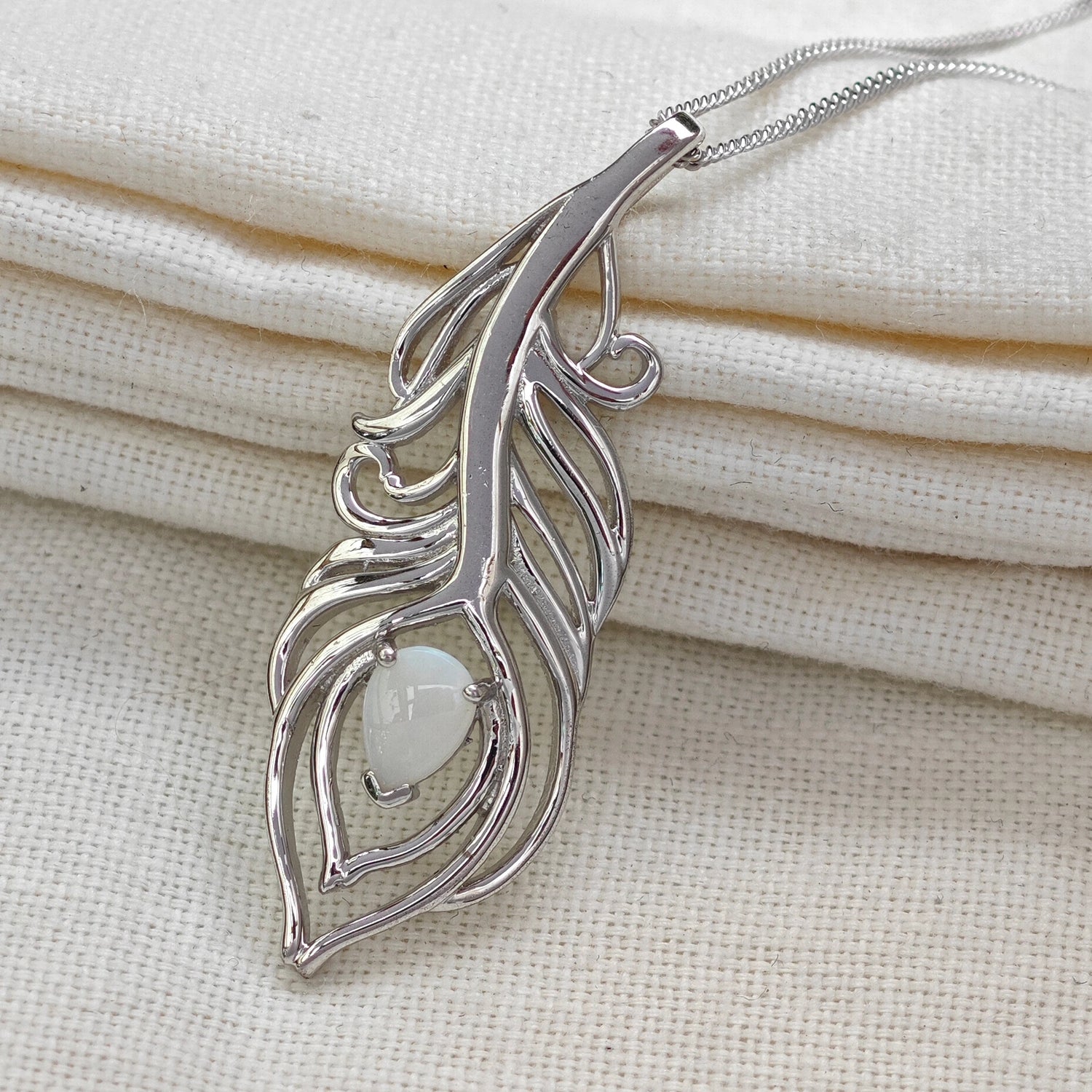 Peacock feather necklace in sterling silver