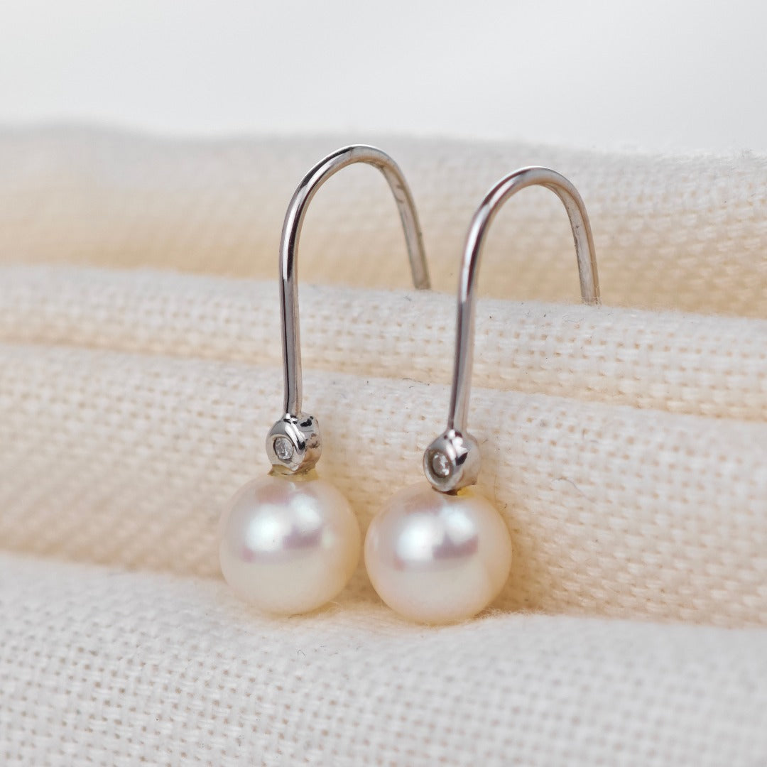 9ct White Gold Earrings Diamond Dangle Pearl White Hook