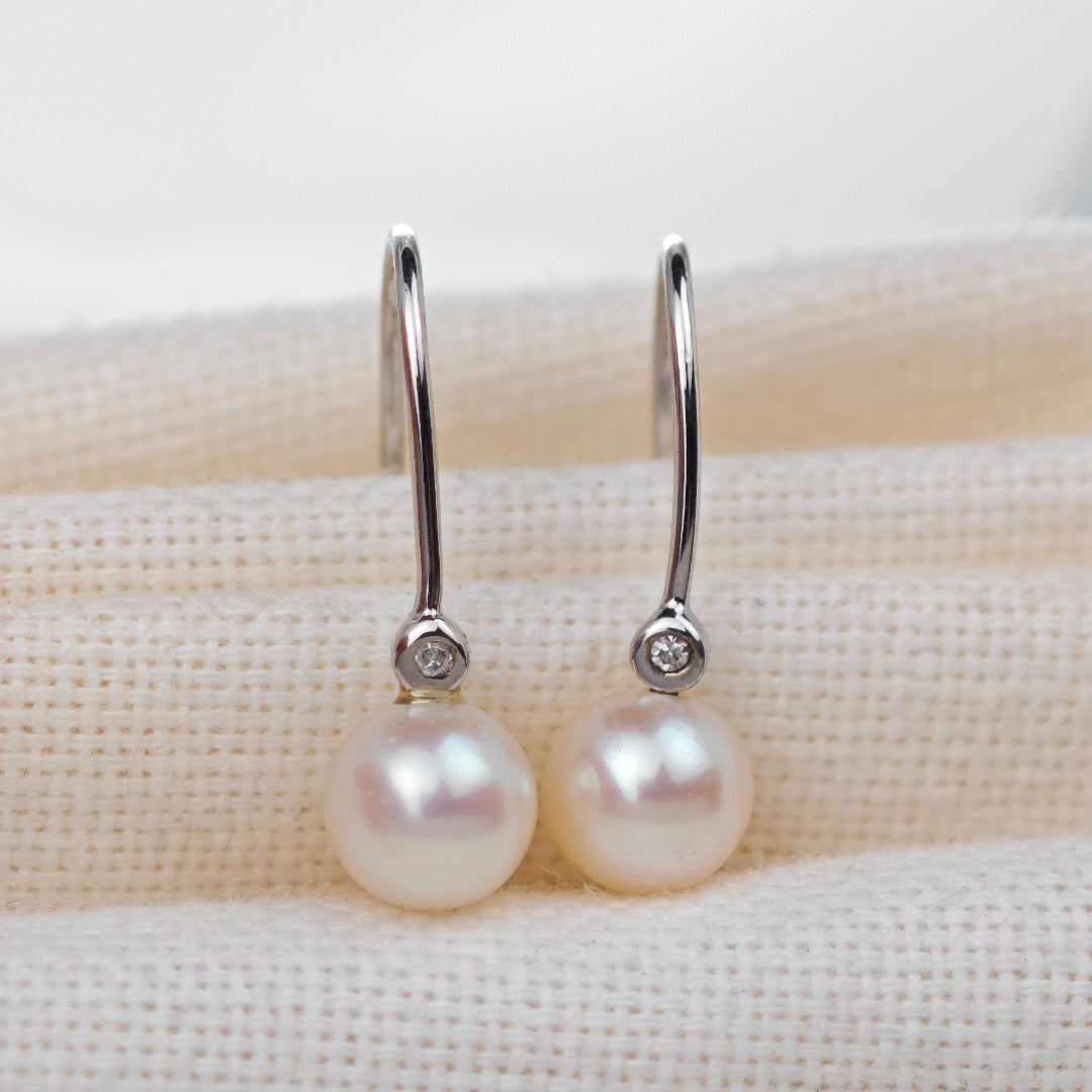 9ct White Gold Earrings Diamond Dangle Pearl White Hook