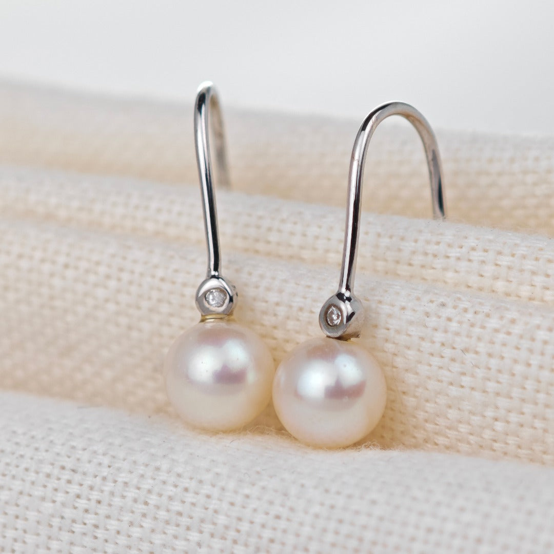 9ct White Gold Earrings Diamond Dangle Pearl White Hook