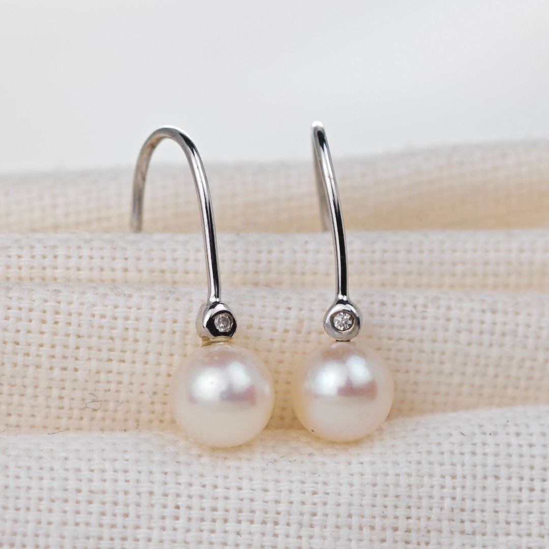 9ct White Gold Earrings Diamond Dangle Pearl White Hook