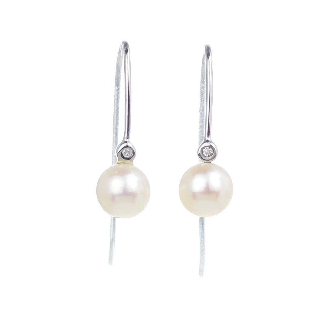 9ct White Gold Earrings Diamond Dangle Pearl White Hook