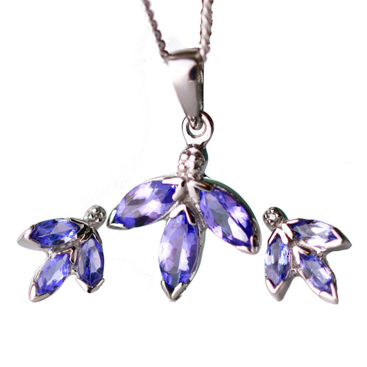 Tanzanite Necklace Earring Set Sterling Silver Stud Pendant Natural Blue