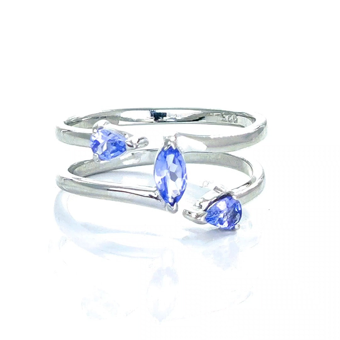 Tanzanite Trilogy Ring Sterling Silver Blue Marquise Adjustable