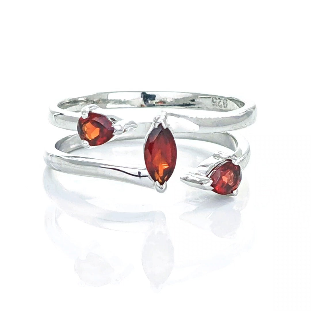 Garnet Ring Adjustable Sterling Silver Marquise Trilogy