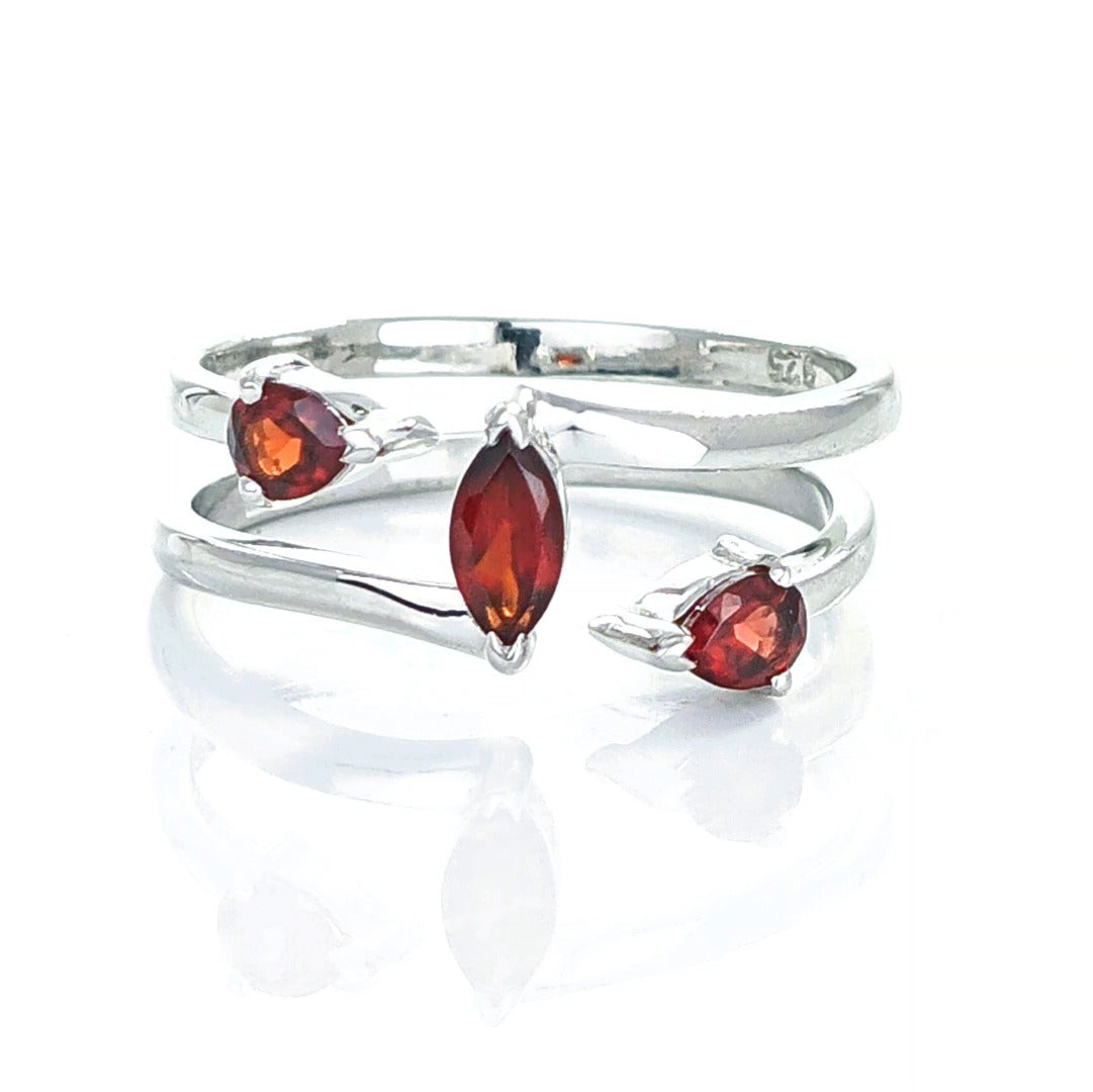 Garnet Ring Adjustable Sterling Silver Marquise Trilogy