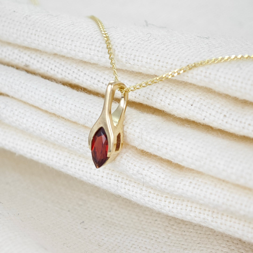 9ct Garnet Necklace Yellow Gold SMALL Minimalist Marquise Red Gemstone