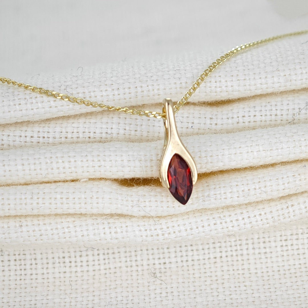 9ct Garnet Necklace Yellow Gold SMALL Minimalist Marquise Red Gemstone