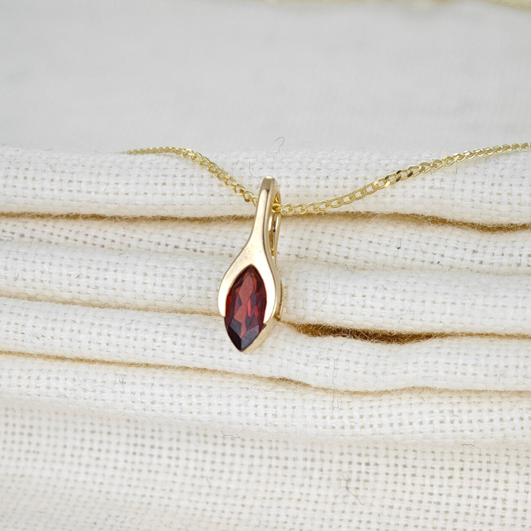 9ct Garnet Necklace Yellow Gold SMALL Minimalist Marquise Red Gemstone