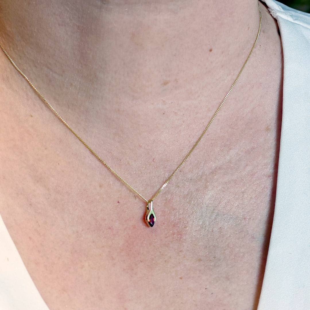 9ct Garnet Necklace Yellow Gold SMALL Minimalist Marquise Red Gemstone