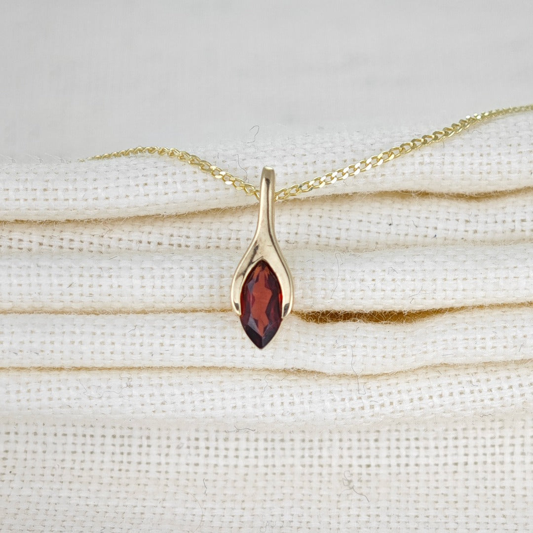 9ct Garnet Necklace Yellow Gold SMALL Minimalist Marquise Red Gemstone