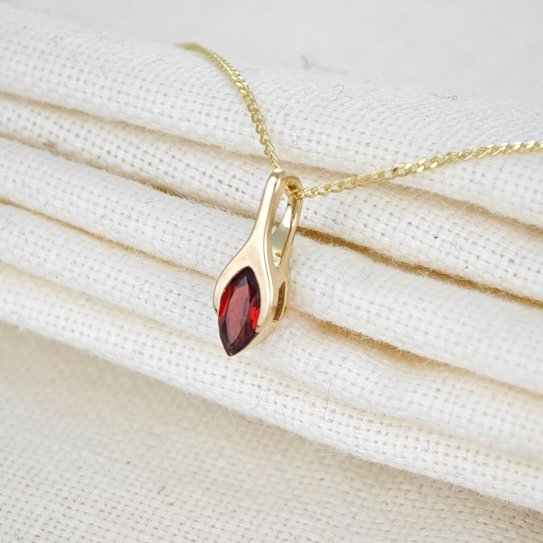 9ct Garnet Necklace Yellow Gold SMALL Minimalist Marquise Red Gemstone