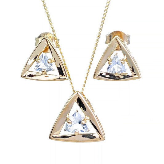 Aquamarine Set Pendant Earrings 9ct Yellow Gold Trillion