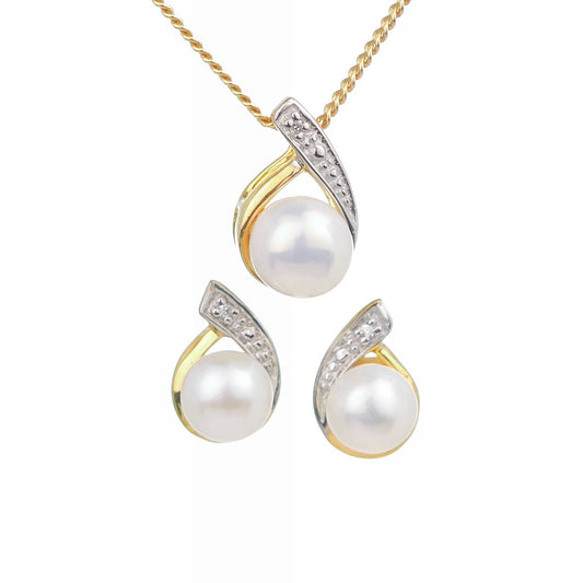 Pearl Necklace Diamond Earring Set Gold Plated Sterling Silver