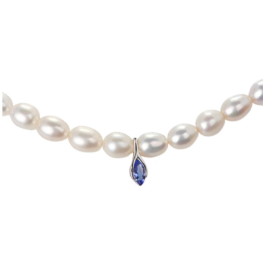 Pearl Tanzanite Necklace Sterling Silver Blue and Fresh Water White Handmade