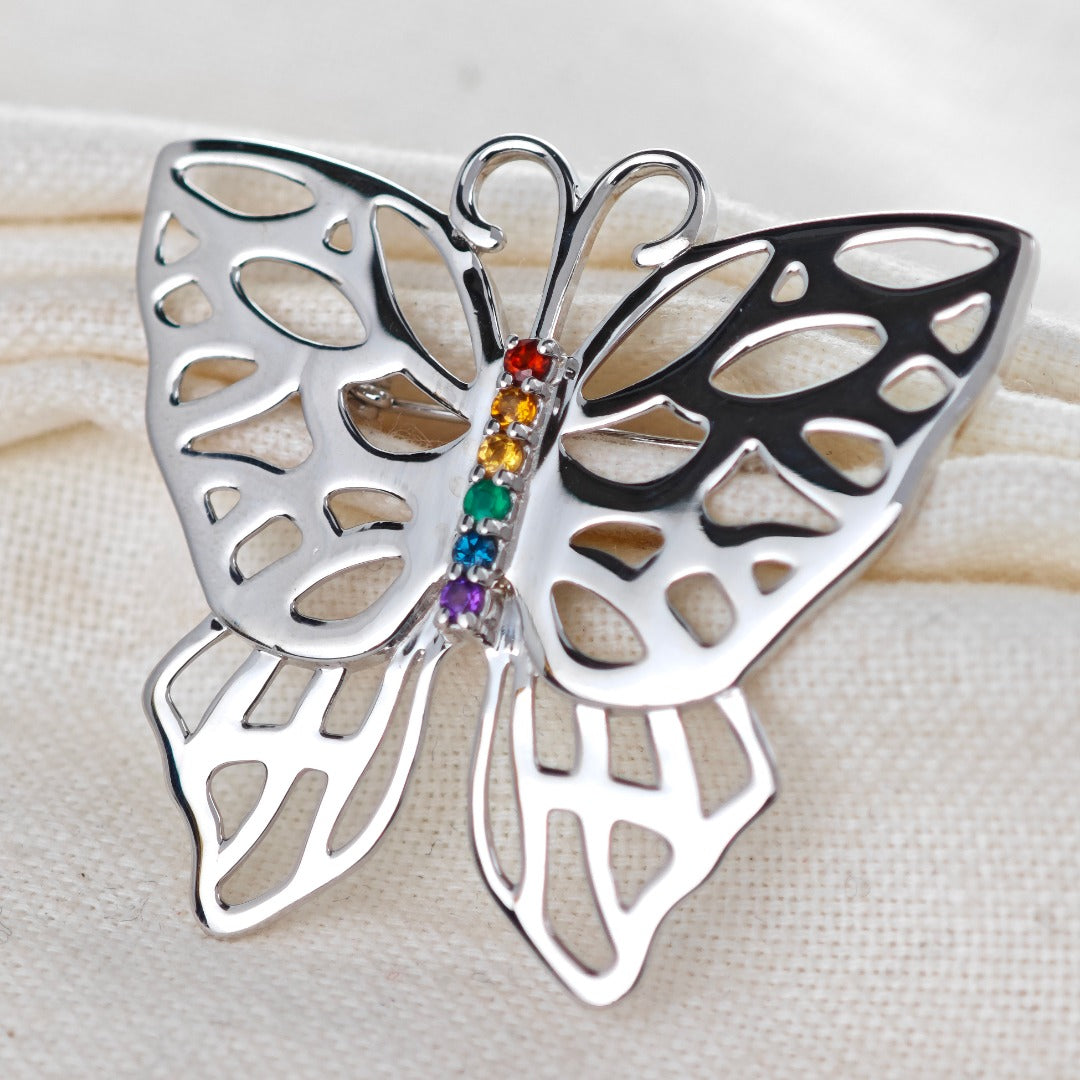 Silver Rainbow Butterfly Brooch Multi Natural Gemstone Pride