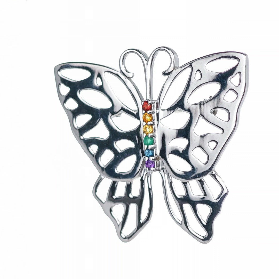 Silver Rainbow Butterfly Brooch Multi Natural Gemstone Pride