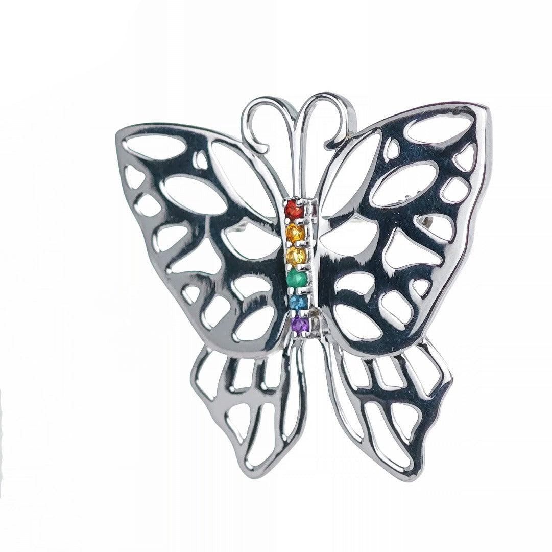 Silver Rainbow Butterfly Brooch Multi Natural Gemstone Pride