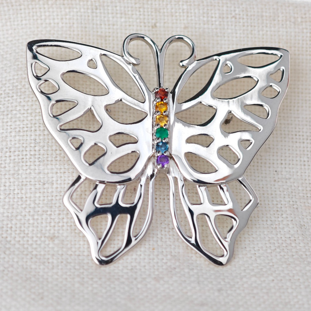 Silver Rainbow Butterfly Brooch Multi Natural Gemstone Pride