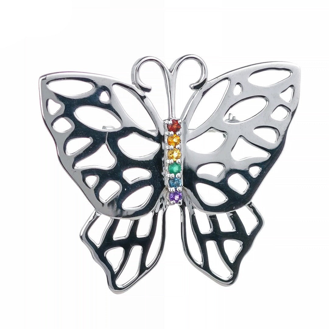 Silver Rainbow Butterfly Brooch Multi Natural Gemstone Pride