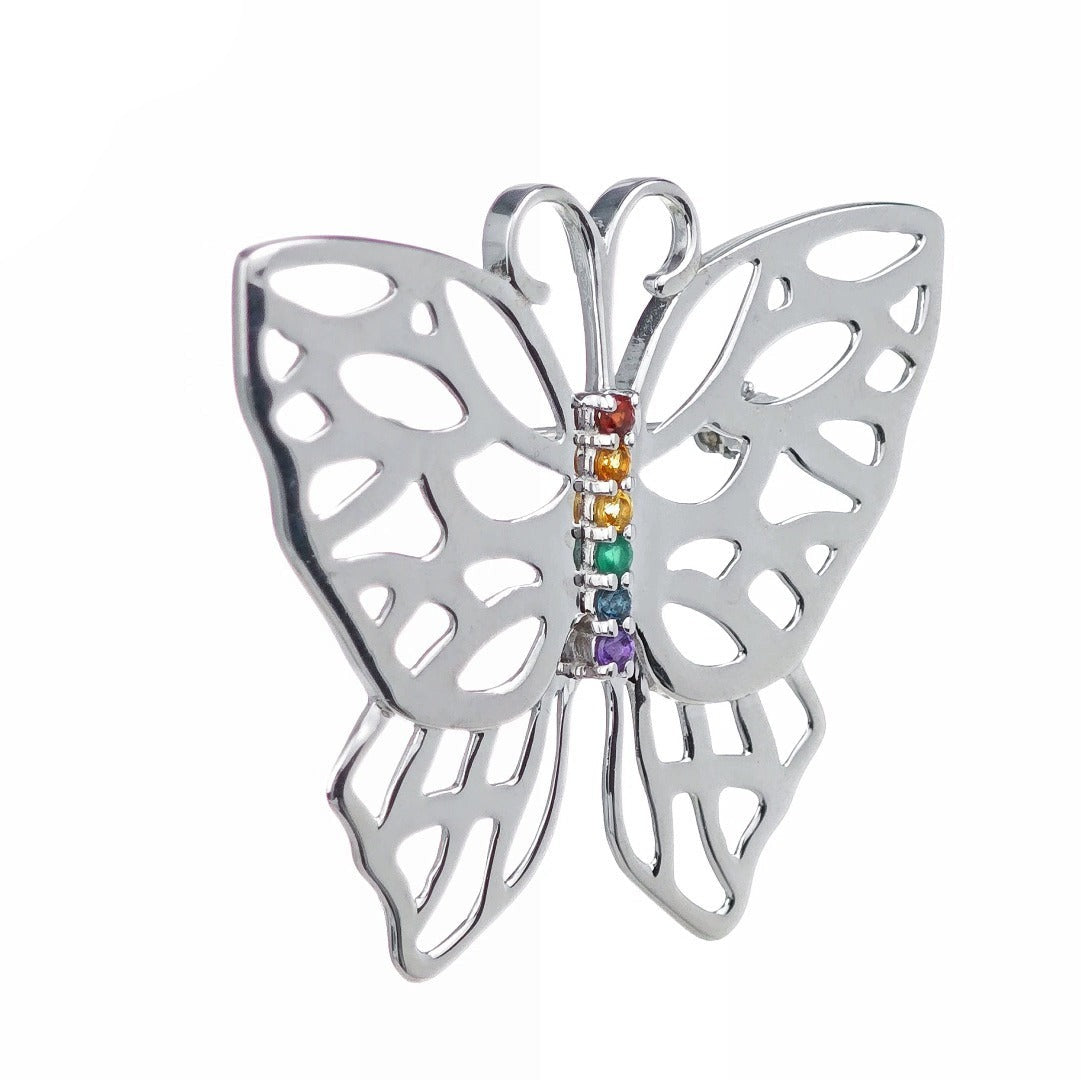 Silver Rainbow Butterfly Brooch Multi Natural Gemstone Pride