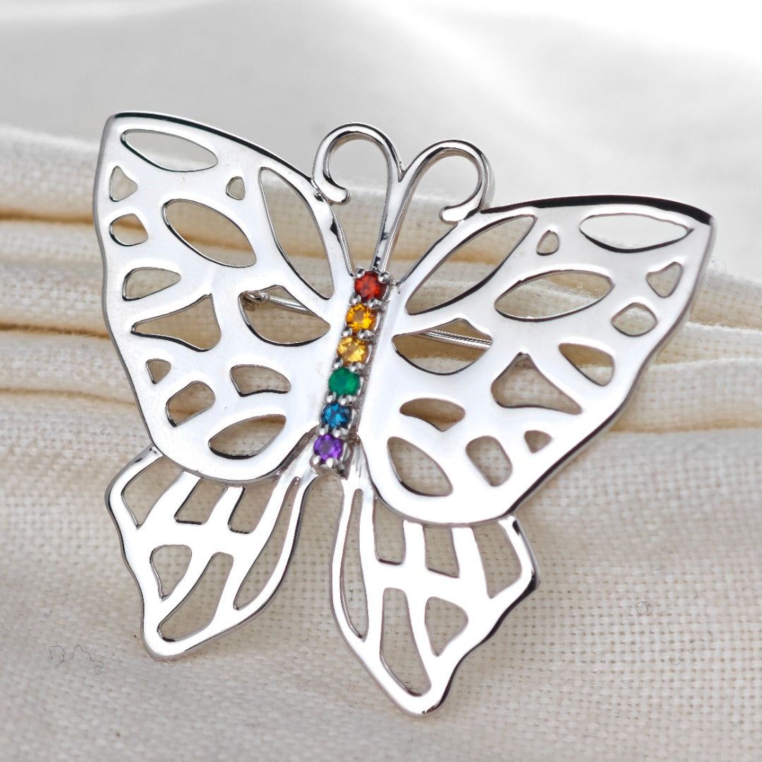 Silver Rainbow Butterfly Brooch Multi Natural Gemstone Pride