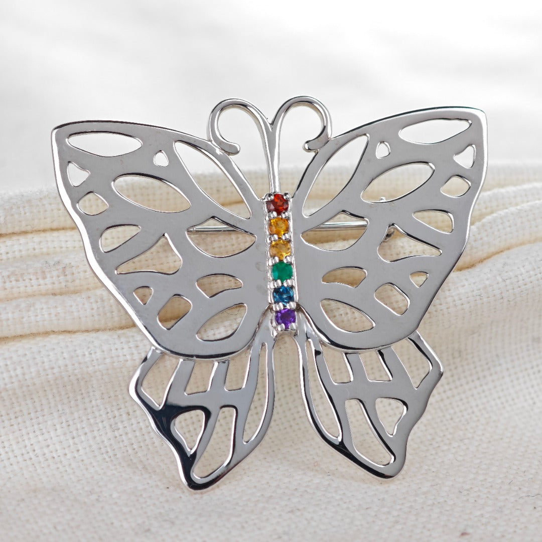 Silver Rainbow Butterfly Brooch Multi Natural Gemstone Pride