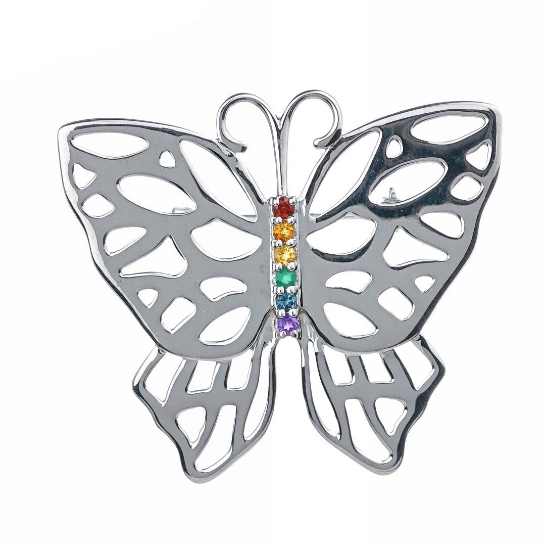 Silver Rainbow Butterfly Brooch Multi Natural Gemstone Pride