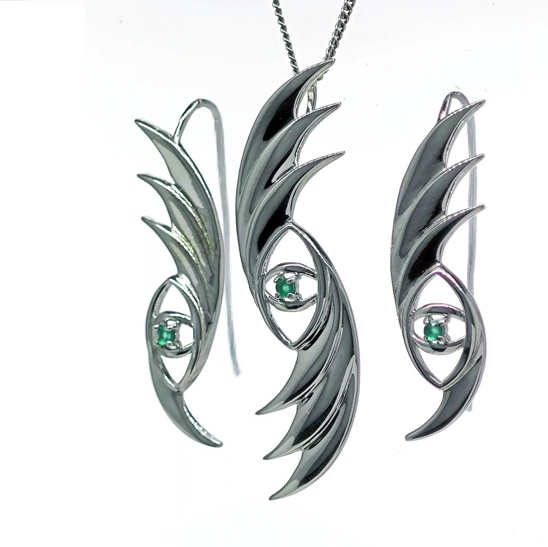 Evil Eye Necklace Dangle Earrings Set Sterling Silver Natural Dyed Green Onyx