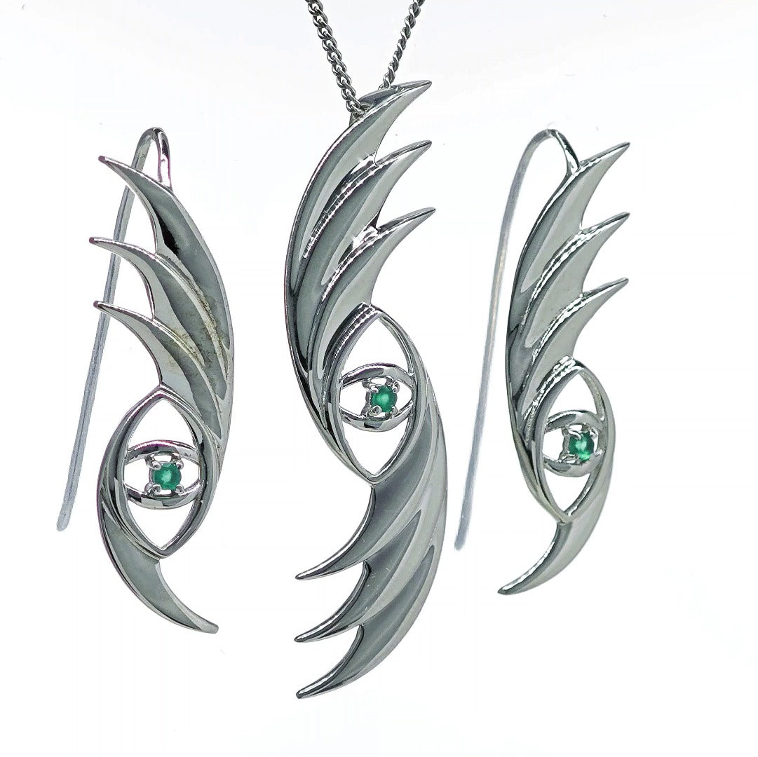 Evil Eye Necklace Dangle Earrings Set Sterling Silver Natural Dyed Green Onyx