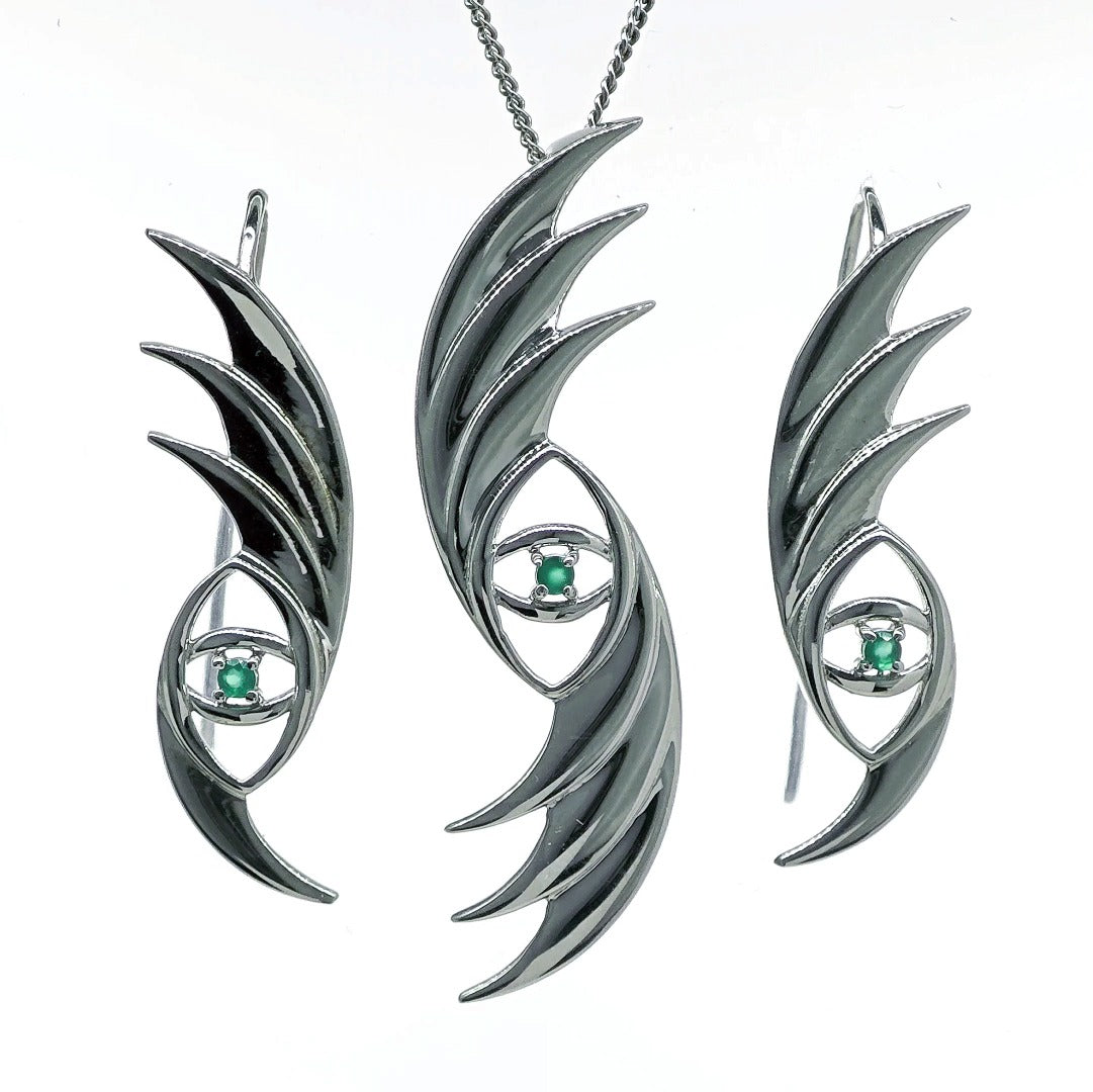 Evil Eye Necklace Dangle Earrings Set Sterling Silver Natural Dyed Green Onyx