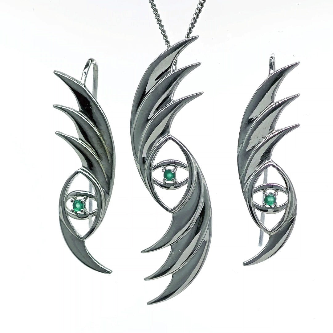 Evil Eye Necklace Dangle Earrings Set Sterling Silver Natural Dyed Green Onyx