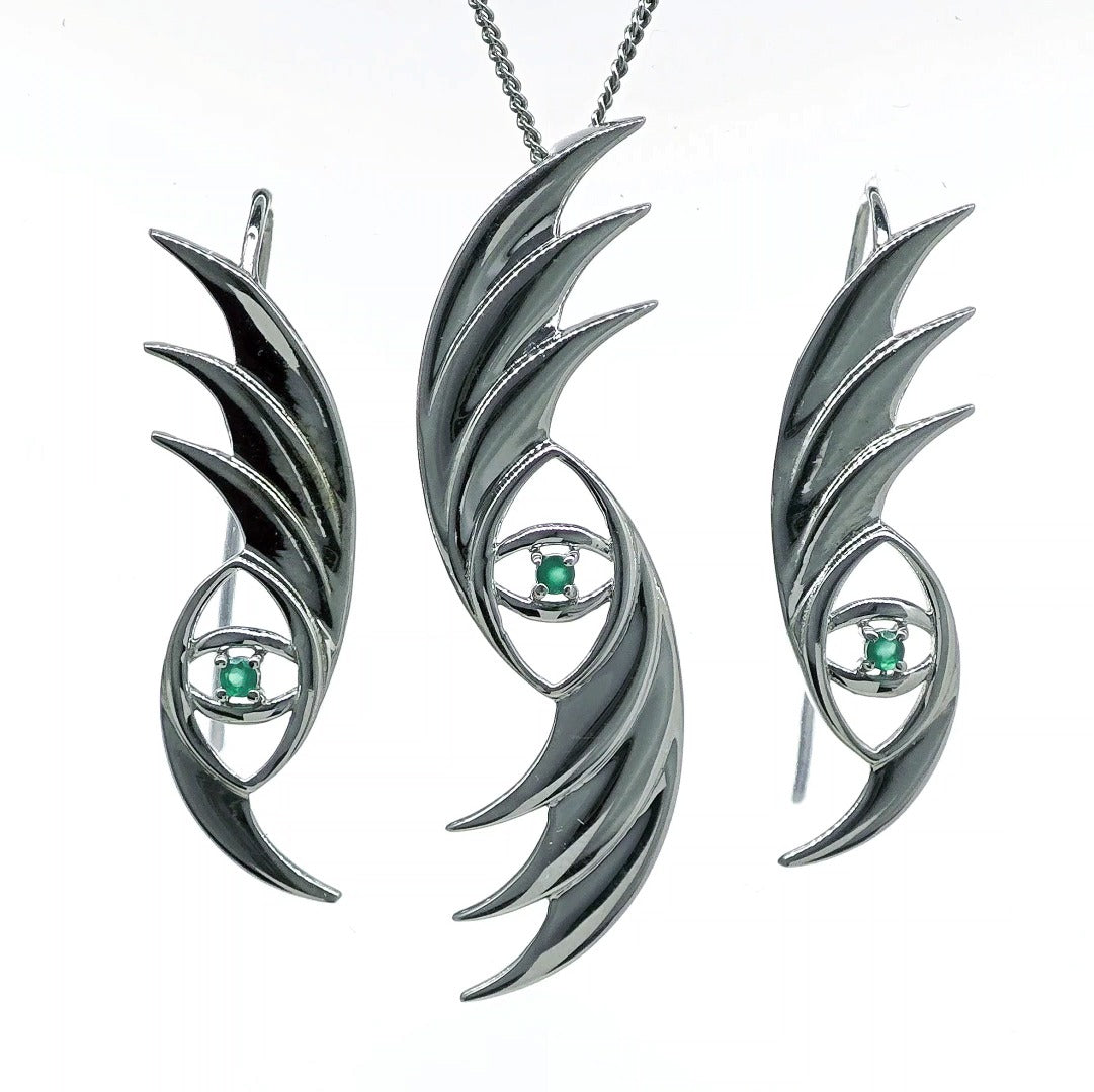 Evil Eye Necklace Dangle Earrings Set Sterling Silver Natural Dyed Green Onyx